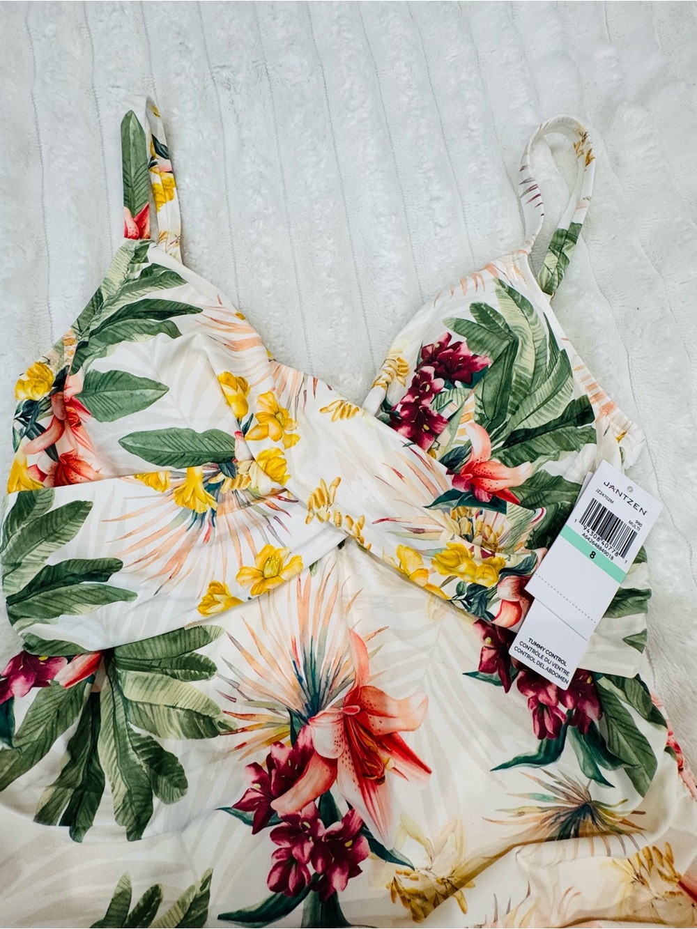 Floral One-Piece Swimsuit in White with Multicolor Tropical Print - Picture 3 of 3